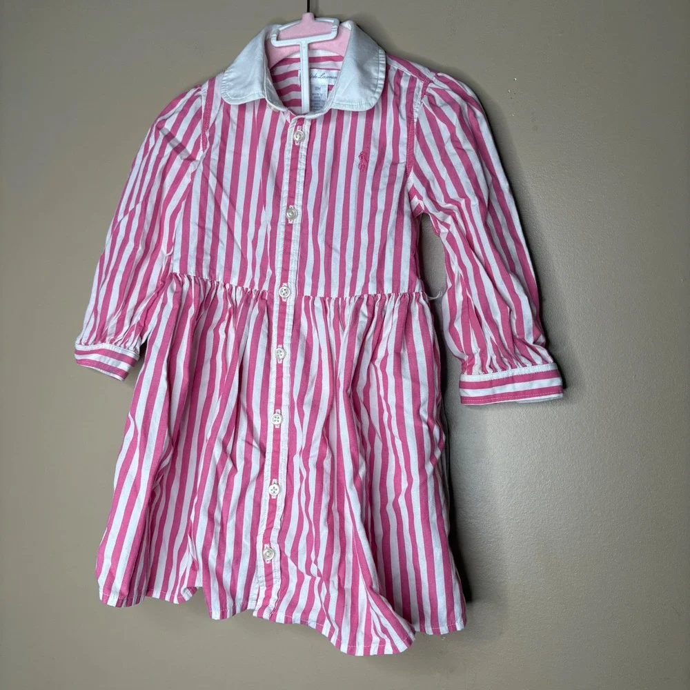 Ralph Lauren Baby Girls Pink White Striped Shirtdress with Bloomers 18M Cotton